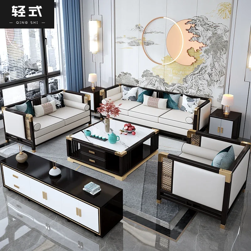 

New Chinese-style all-solid wood sofa combination modern simple light gold rosewood living room suite