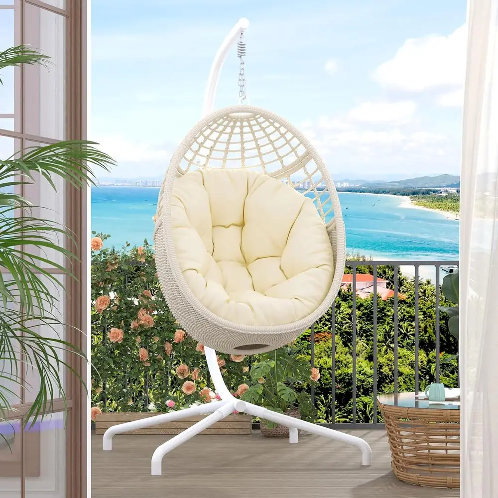 

Бежевое подвесное кресло-яйцо из ротанга с подставкой для улицы, патио или балкона, с УФ-стойкой подушкой в комплекте