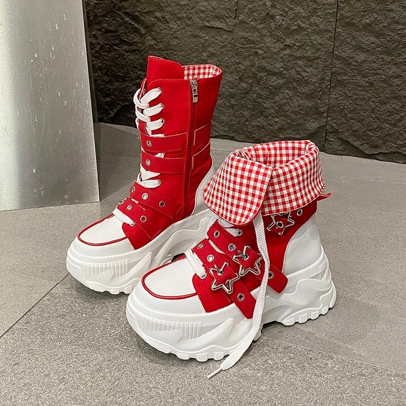 Botas individuales otoño nuevas botas tubulares medio antideslizantes con plataforma con cordones delanteros y punta redonda talla hasta 42