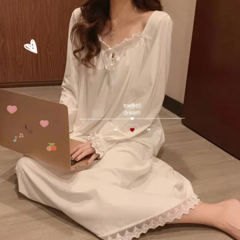 Spring Round Neck White Long Sleeve Princess Lace Comfort Court Style Korean Loose Women Casual Breathable Stretchy Nightgowns