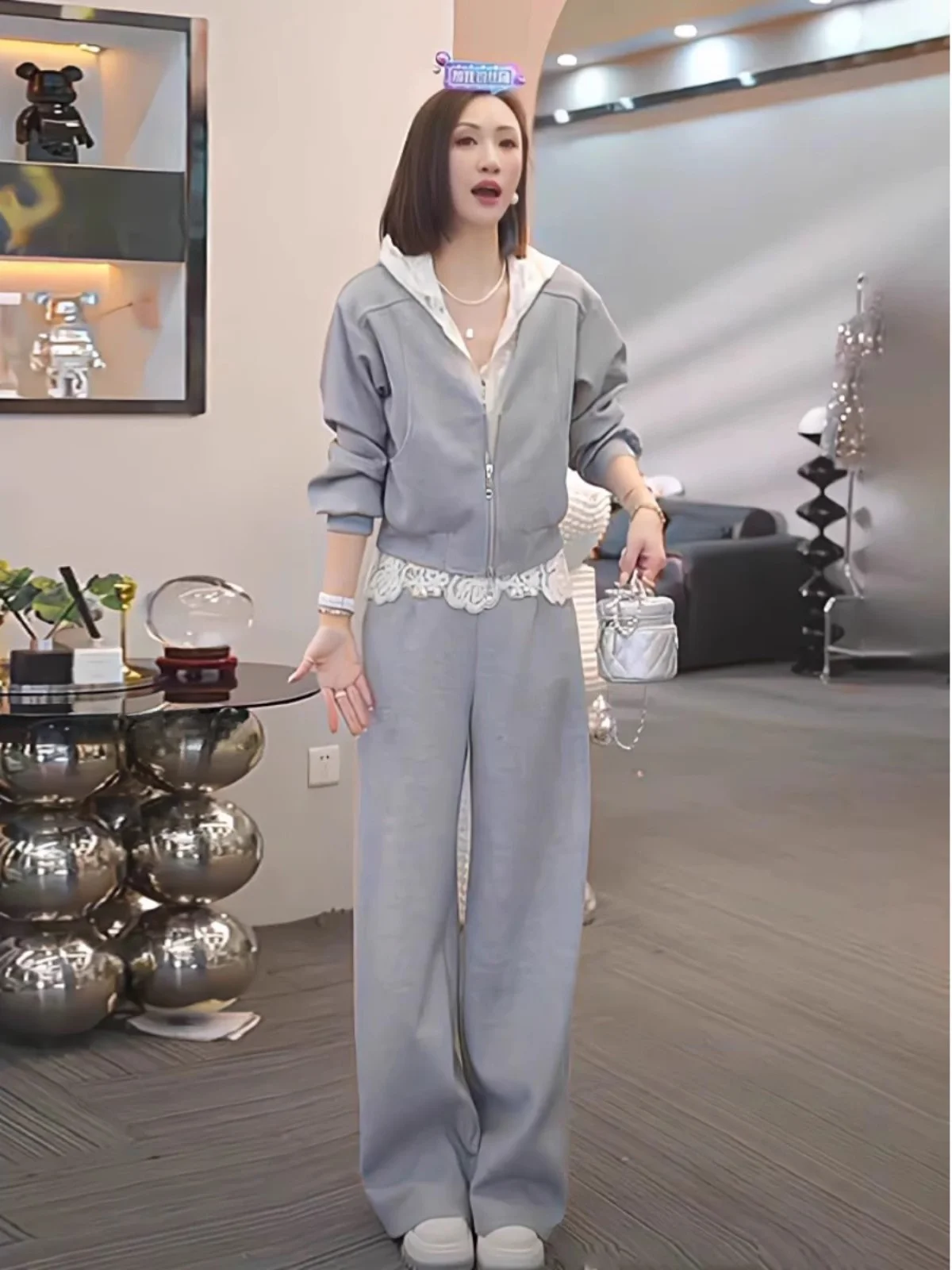 

Spring Autumn Lace Splice Casual Sportswear Set Women's Loose Wide Leg Pants Hoodie Two Piece Set Fashionable Lazy Style