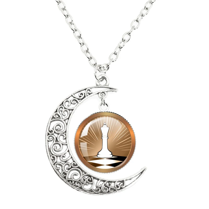 Fashion Chess Moon Necklace Chessboard Chess Piece Glass Dome Pendant Car Chess Lovers Gift Jewelry