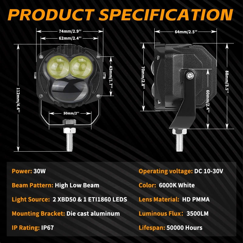 Motorcycle LED Spotlight 3 inch Square LED Pods Work Light White 6000K High Low Light Auxiliary Headlight For Cafe Racer Bobber