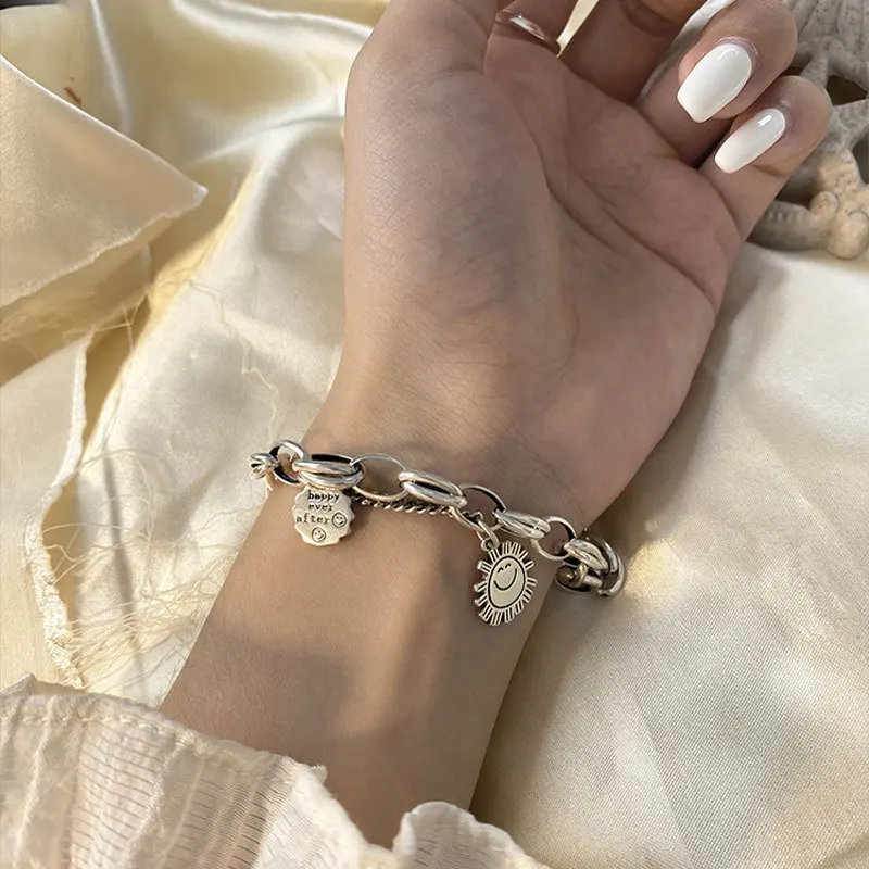 Hot Sell Trendy Smile Face Sun Design Tag Retro Thai Silver Female Charm Bracelet Wholesale Jewelry For Women Christmas Gifts
