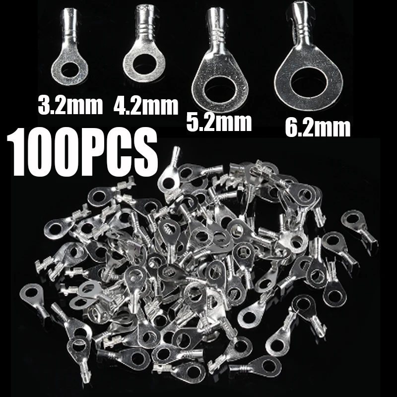 

100PCS Non-insulated Ring Cable Lugs Terminals Naked Connector 3.2mm 4.2mm 5.2mm 6.2mm Wire Connectors Brass Terminals Kit