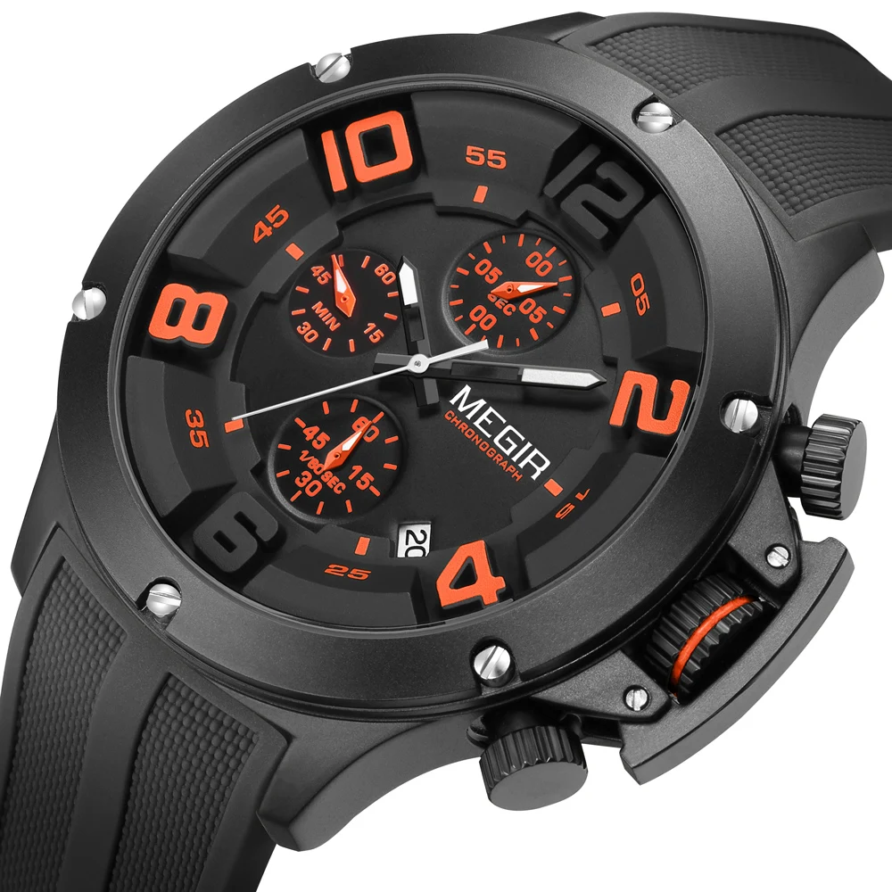 MEGIR 2025 Fashion Men's Silicone Strap Watch Luxury Calendar Chronograph Quartz Wristwatches Military Sport Luminous Clock Male