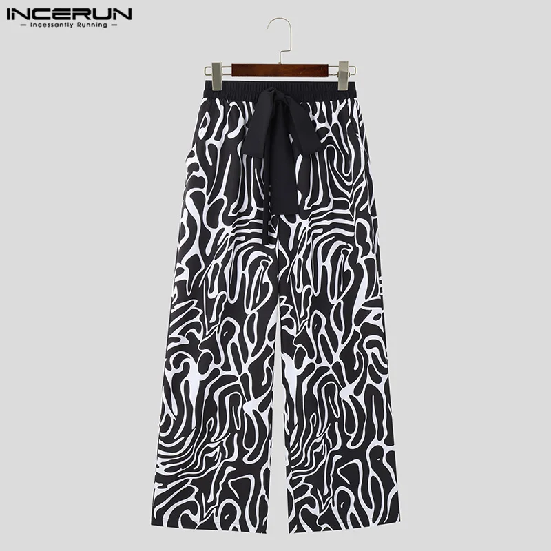 INCERUN Men Pants Printing Lace Up Elastic Waist Joggers Loose Casual Trousers Men Streetwear 2024 Fashion Leisure Long Pants