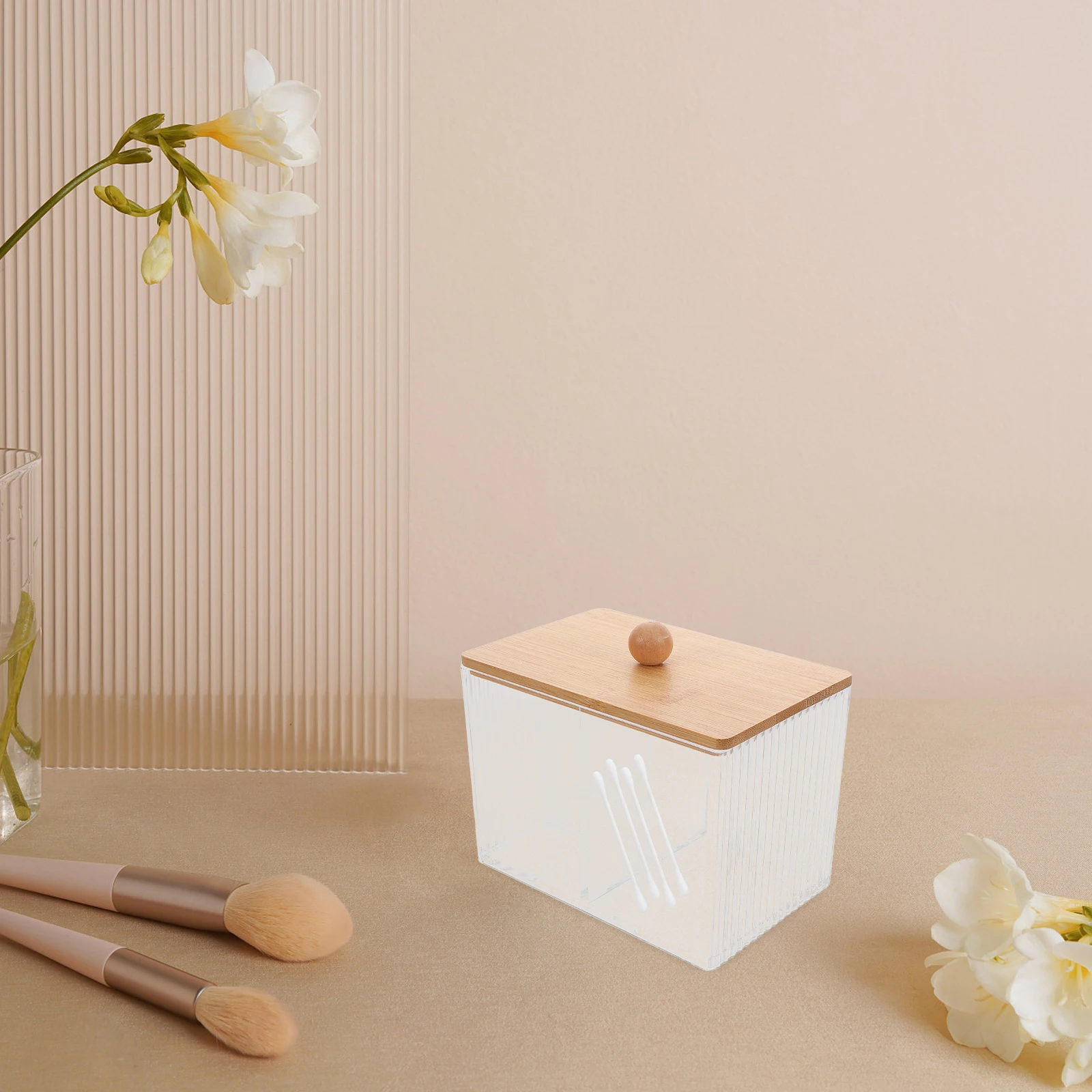 

Multifunctional Transparent Cotton Ball Organizer Acrylic Bamboo Storage Box With Lid Portable Small Bathroom Compartment