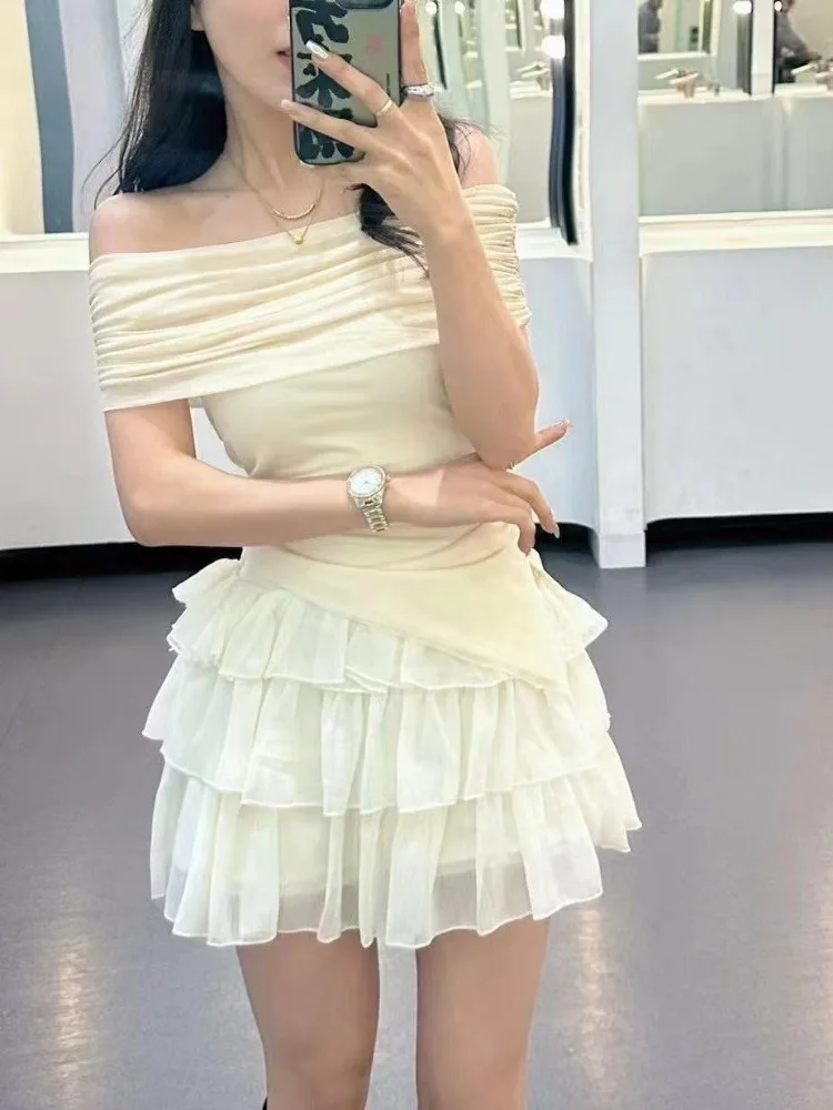 Fashion Sexy Off Shoulder Mesh Short Sleeve Tops Women+ Y2k E-Girl Chiffon Ruched Cake Skirts 2024 Summer New Two Piece Sets