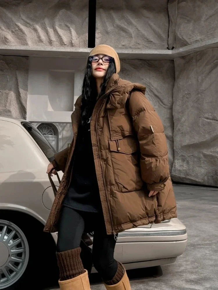 Nueva ropa de otoño e invierno para mujer, chaqueta acolchada con capucha de longitud media, abrigo de manga larga para mujer, prendas de vestir de gran tamaño para mujer