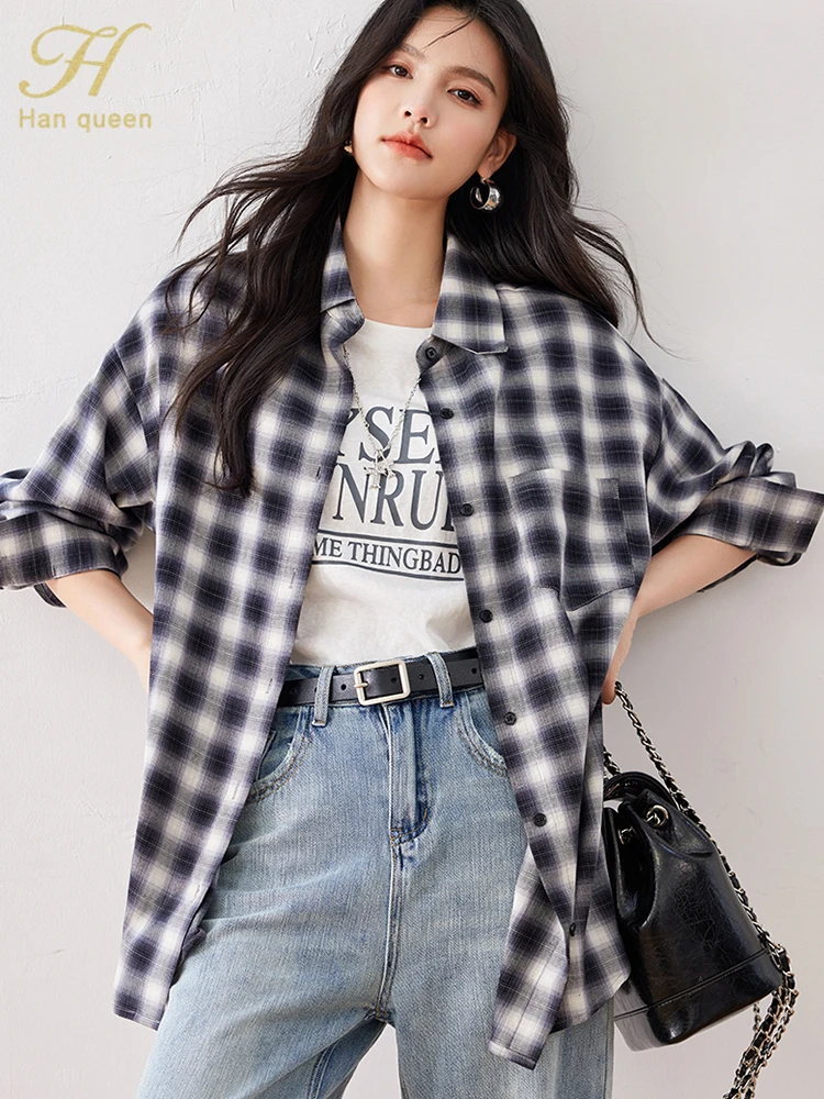 

H Han Queen New Autumn Womens Vintage Casual Elegant Blouses For Lady Loose Logn Sleeve Tops Korean Popular Clothes Plaid Shirt