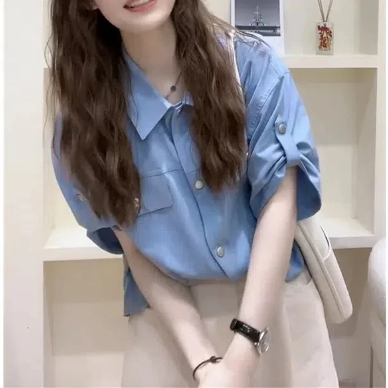 Ice Silk Imitation Denim Mid Sleeve Shirt Female 2024 Summer New Pattern Hong Kong Flavor Design Sense Loose All-match Tops