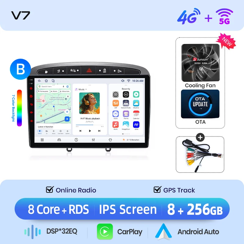 Junsun draadloze CarPlay Android Auto autoradio voor Peugeot 308 / 308 SW Mk1 (T7) / RCZ / 408 2007-2015 met ingebouwde koelventilator, Android GPS navigatie, multimediaspeler, WiFi, DSP, RDS, BT,