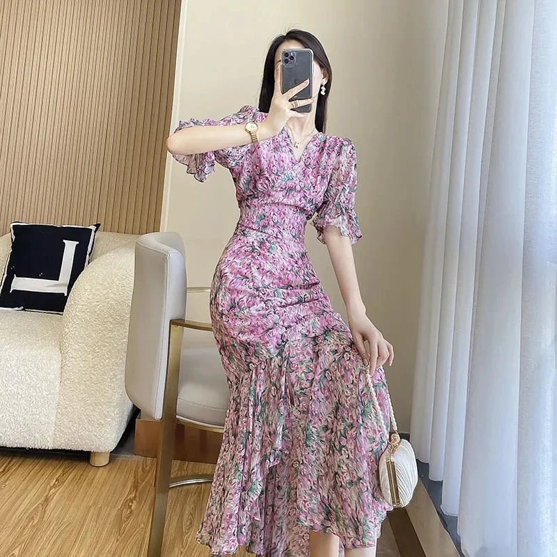 Pleated floral skirt set 2023 New vintage waist cut open Hyun elegant style slim skirt set