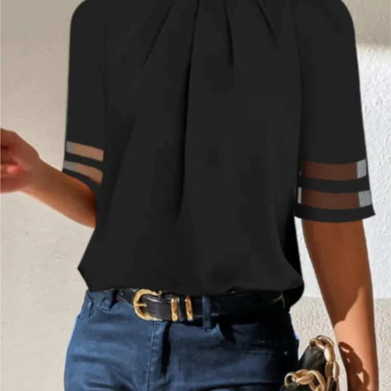 Women\'s Fashion Black Short-sleeved Shirt Ladies Elegant Casual Turtleneck Top Simple Shirts Women Clothes Summer New 2025