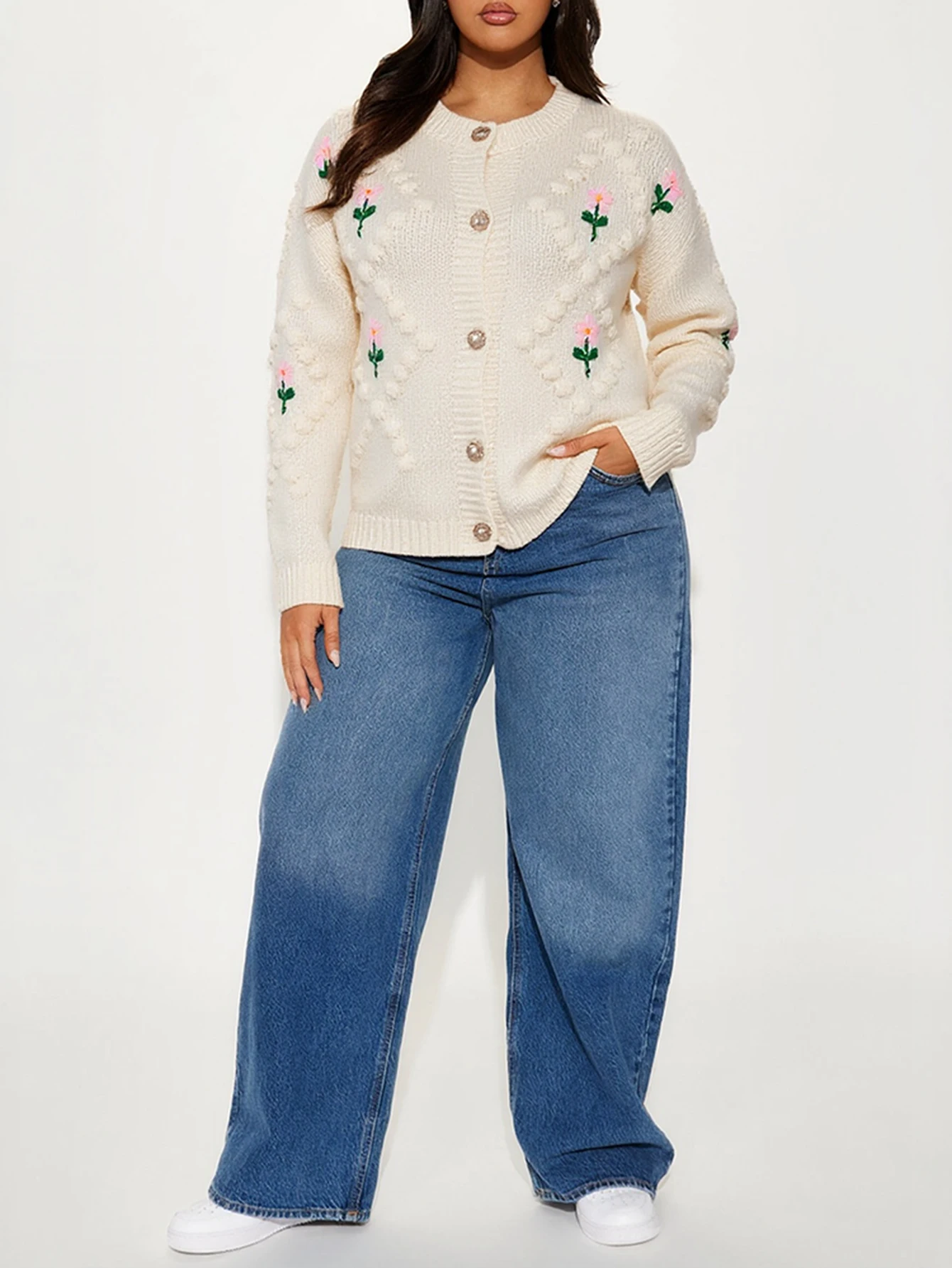 سترة نسائية مزهّرة بأكمام طويلة ورقبة على شكل حرف V وصدر واحد لطيف كاجوال للخريف والشتاء ملابس يومية مفتوحة من الأمام تريكو