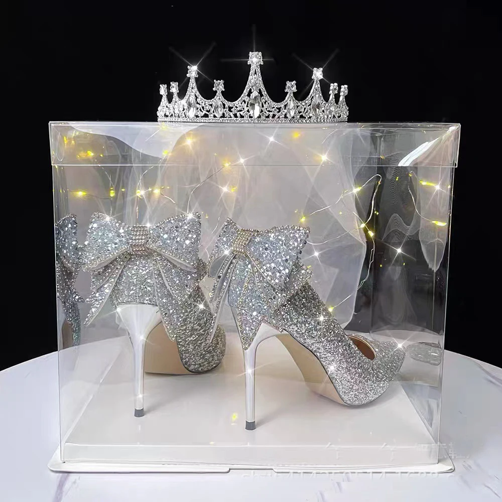 Women's Sequin Pumps Ladies' Rhinestone Shoes With Bow-tie Pointed-toe Metalized Texture High-heel Wedding Party Dress Meature