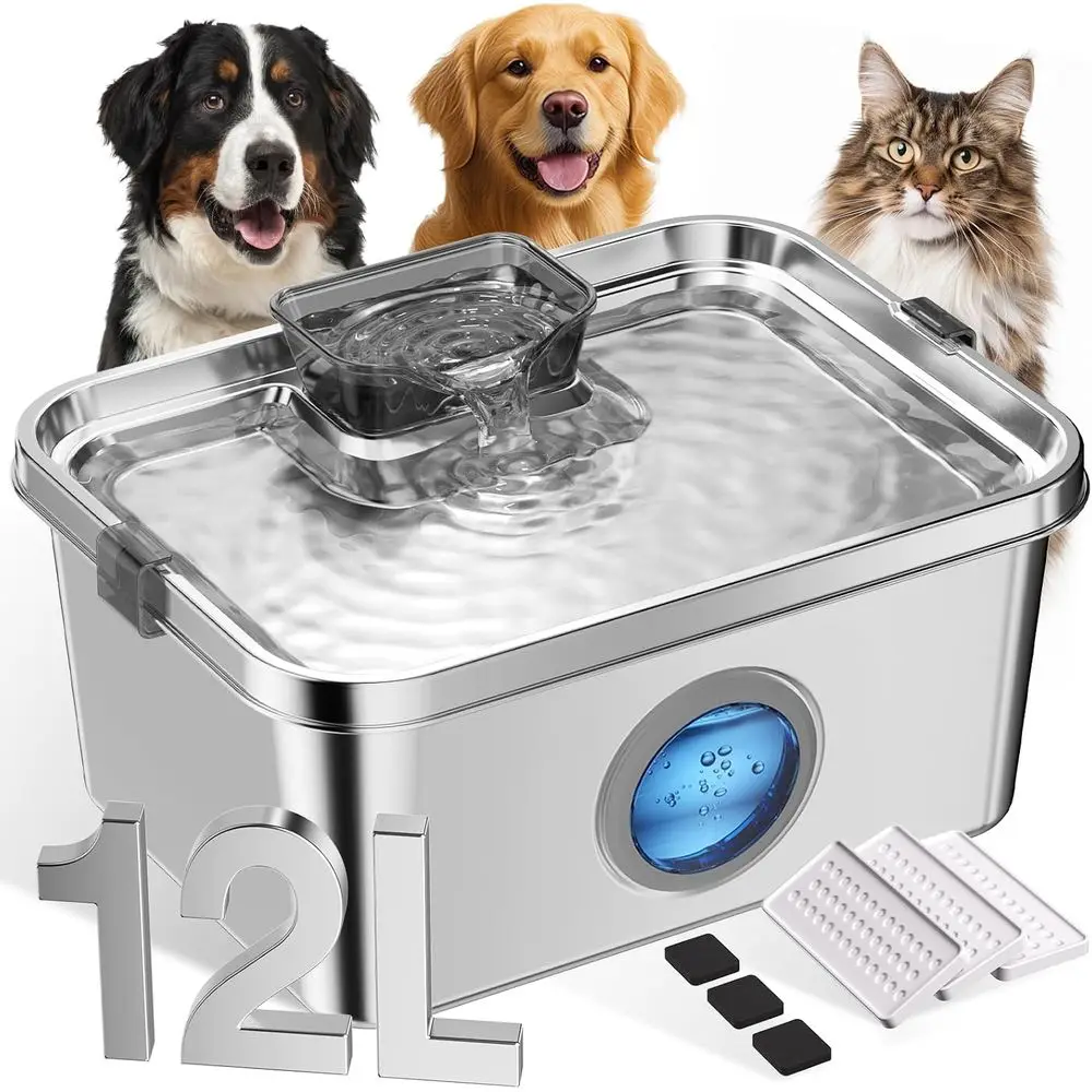 

Stainless Steel 12L Large Pet Water Fountain for Dogs and Cats with Quiet Operation and Multi-Pet Compatibility