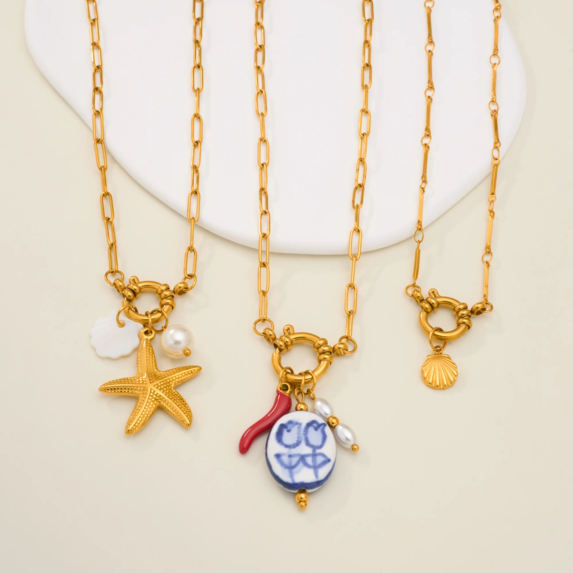 

DASEIN New Vintage Ocean Style Pearl Starfish Shell Pendant Necklace Summer HOT 18k Gold Plated Stainless Steel Bikini Jewelry