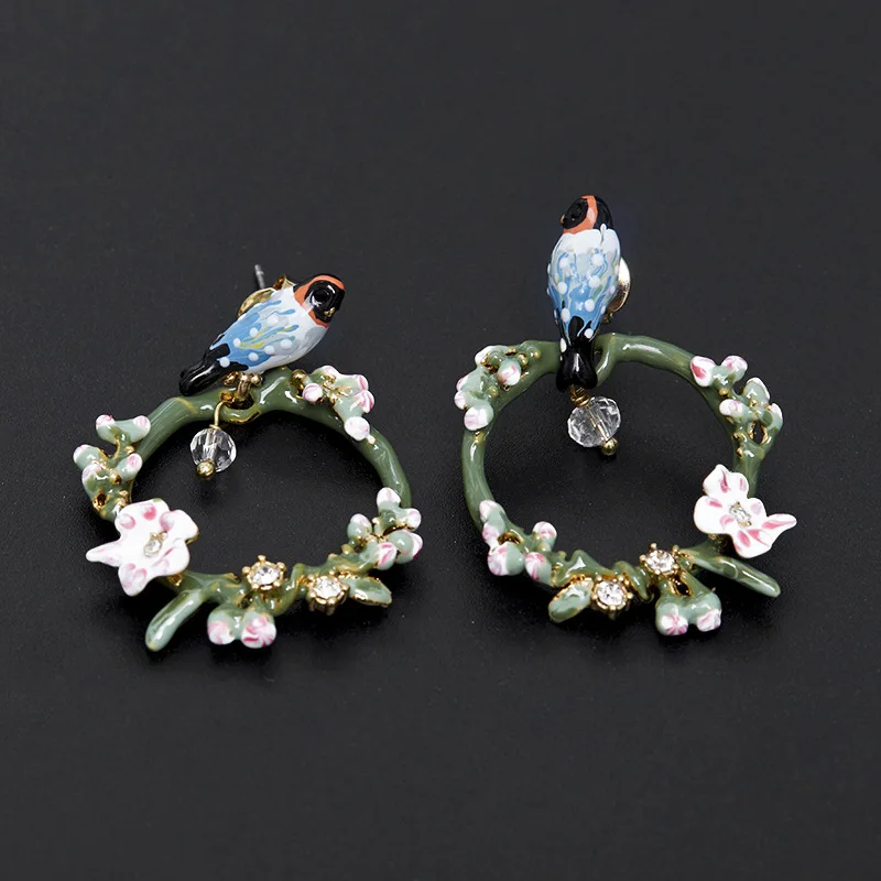 Fresh and Sweet Forest Style Fashionable Green Enamel Glaze Cherry Blossom Chirping Bird Earrings Set with Glass Magpies Birds