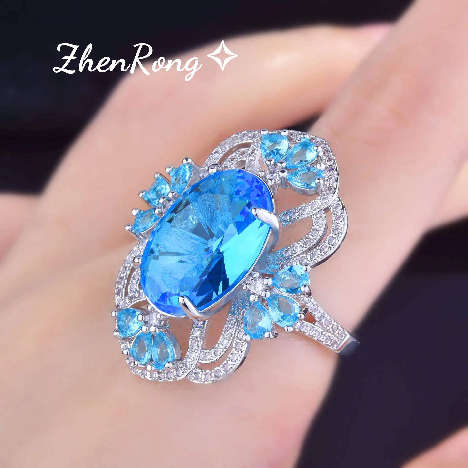 Foydjew Reykjavik Aesthetics Luxury Banquet Simulation Aquamarine Jewelry Sets Sea Blue Stone Pendant Necklaces Earrings Rings