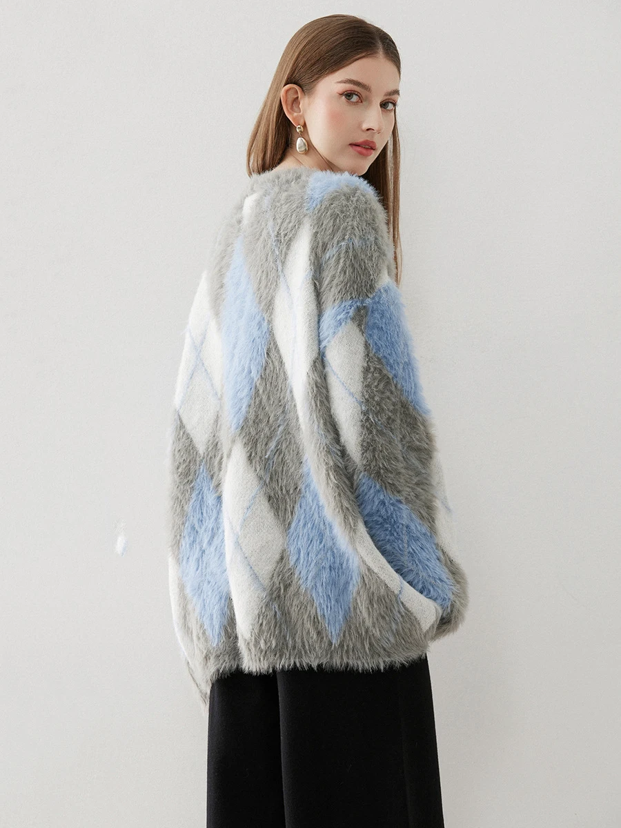 Vintage Diamond Plaid Colorblocked Jumper Fuzzy Knitter Pullover Sweater Crew Neck Loost Fit Autumn Winter Women Outerwear C-024