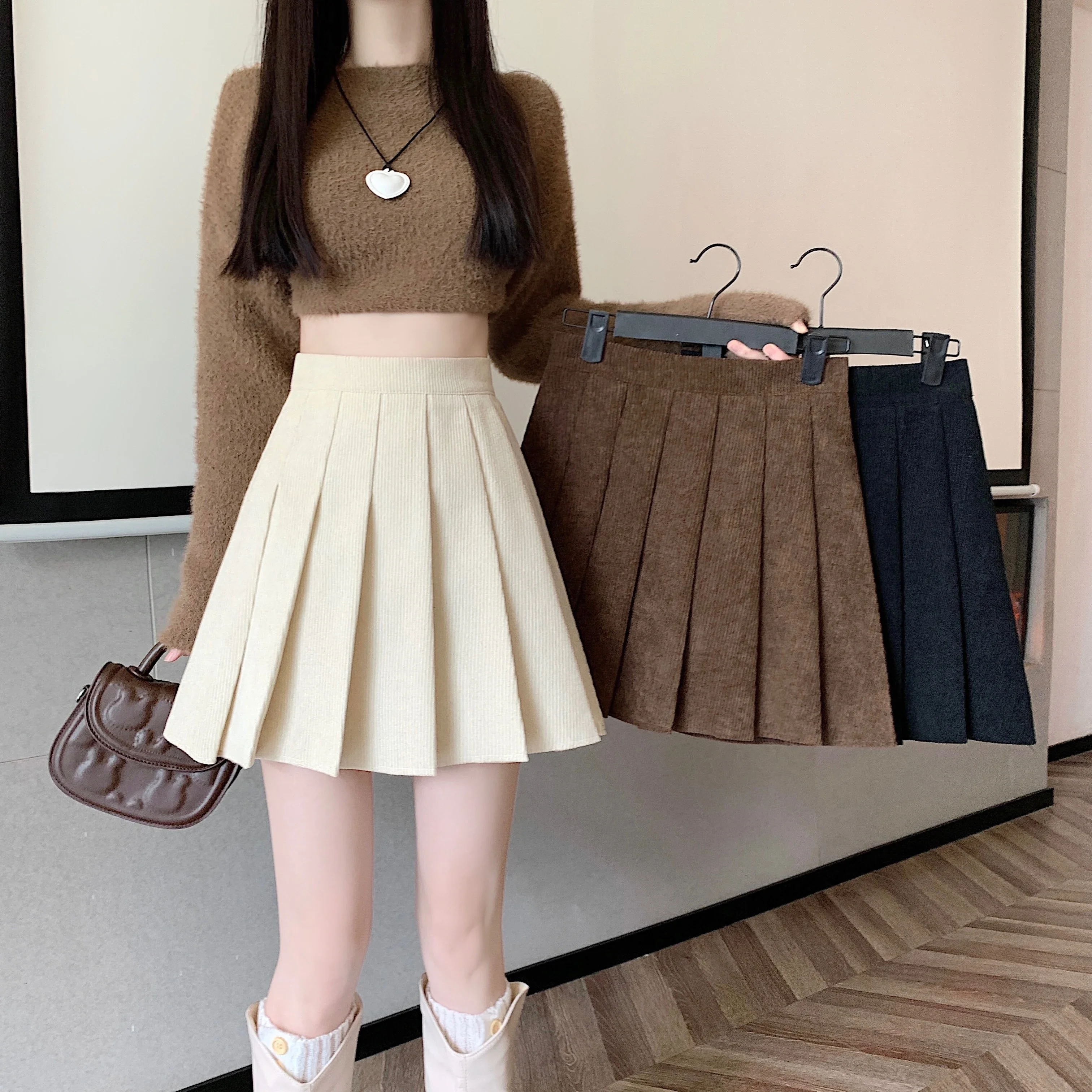 

Brown Corduroy Pleated Skirt Women Vintage Korean Fashion Bottoms Casual High Waist A-line Skirts Autumn Mini Skirts Y2k Clothes