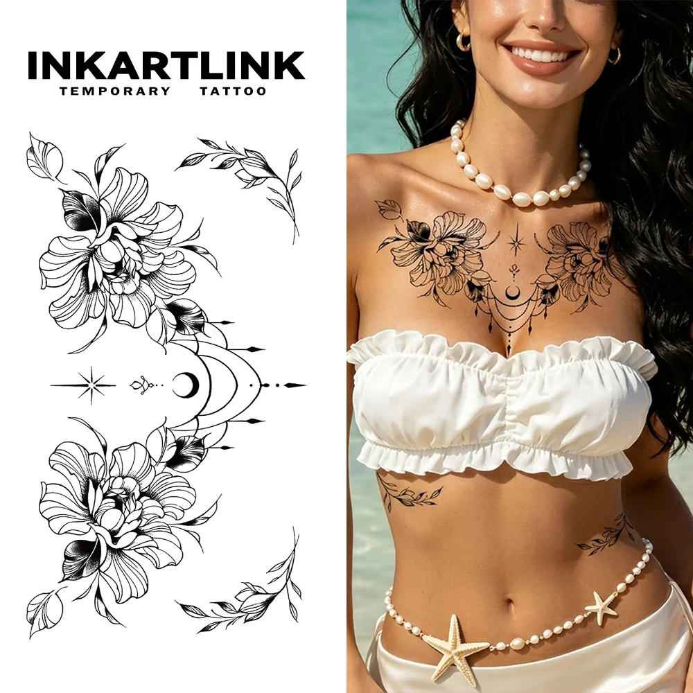 INKARTLINK Elegant Moon Floral Necklace Temp Tattoo Waterproof Sticker for Beach Holiday, Holiday Party & Elegant Daily Wear.