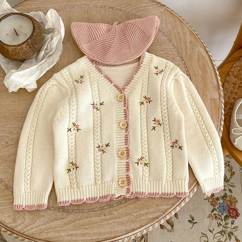 Infant Baby Girl Knitting Cardigan V-neck Flower Embroidery Long Sleeve Cardigan Coat Autumn Spring Toddler Baby Girls Sweater