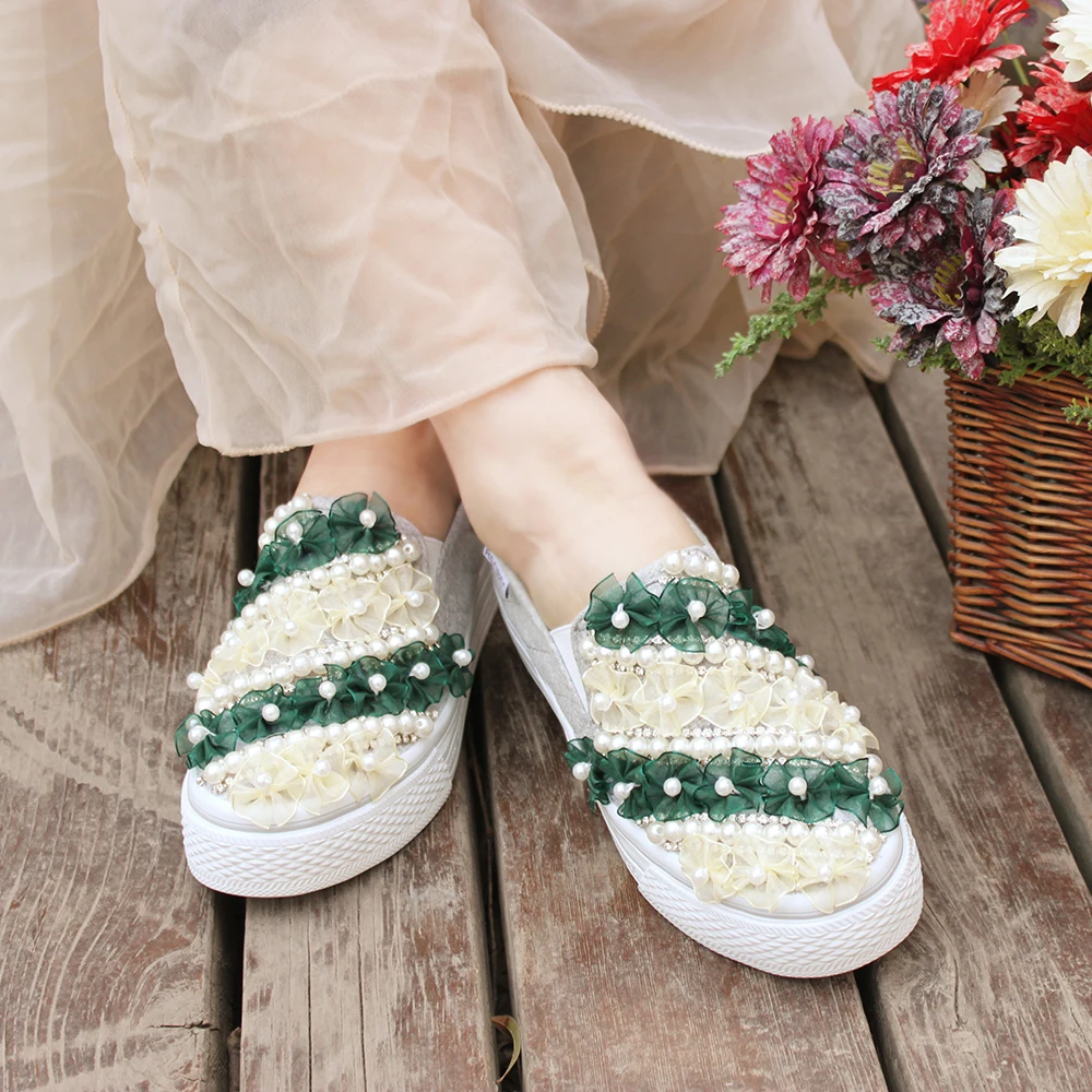 Women Sneakers Summer Casual Shoes White Slip-on Lace Flowers Pearl Diamond Ribbon Thick-soled Flat Student