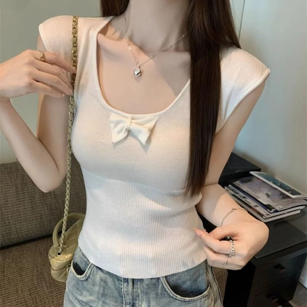 

Round Neck Korean Y2K Crop Tops Women Clothing Solid Color Bowknot Knit T-shirt Short Sleeves Sweet Slim Short T-shirt