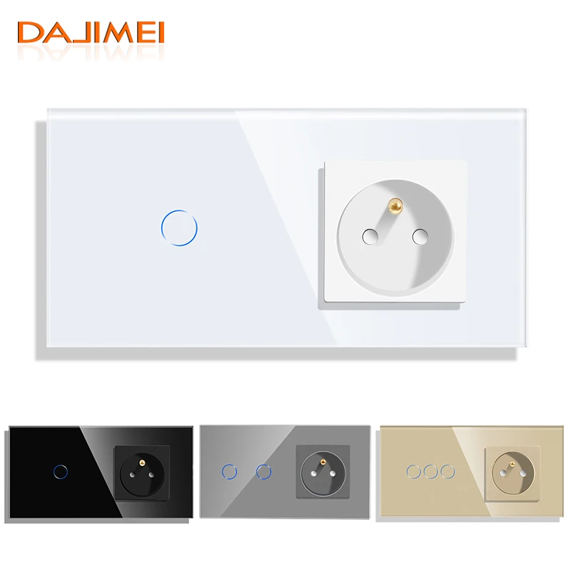 DAJIMEI Touch Switch 1 2 3Gang Wall Switches With French Sockets White Black Gold Grey Crystal Glass Panel 86*157mm for Home