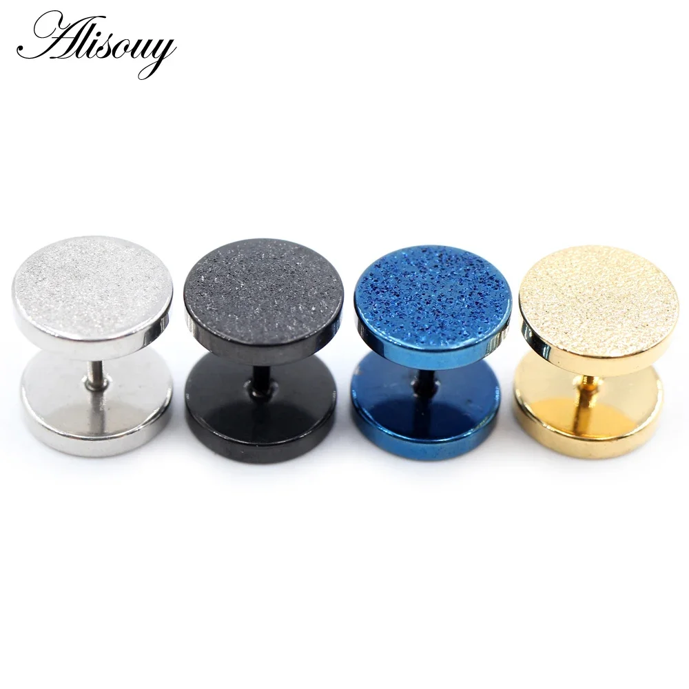 2 Pieces Gothic Barbell Earring Studs Stainless Steel Round Plain Scrub Frosted Men Women Stud Earring Piercing Jewelry
