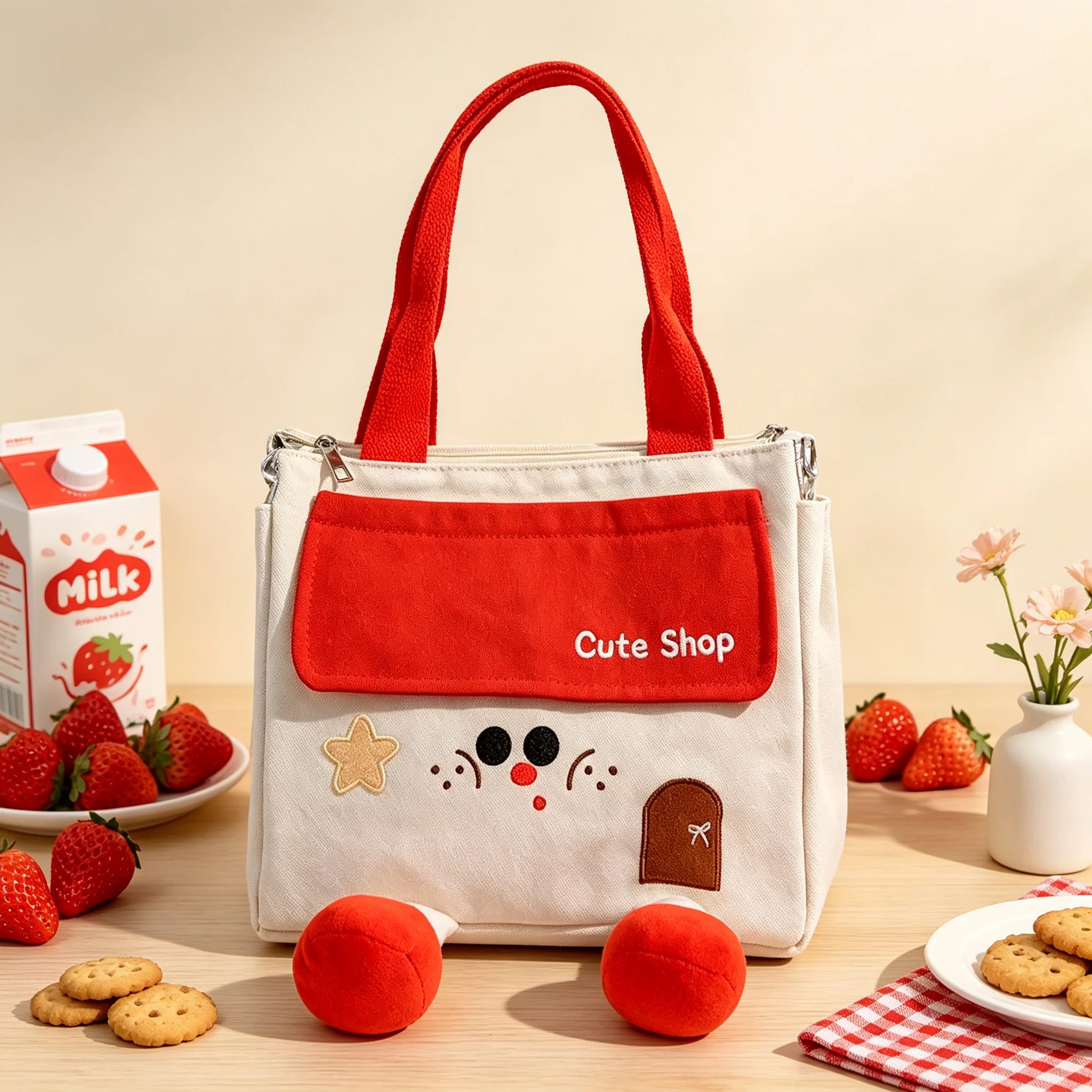 Cute 3D Doll Design Insulated Lunch Bag Cartoon Canvas Thermal Cooler Handbag Portable Food Storage Tote For Girls Students