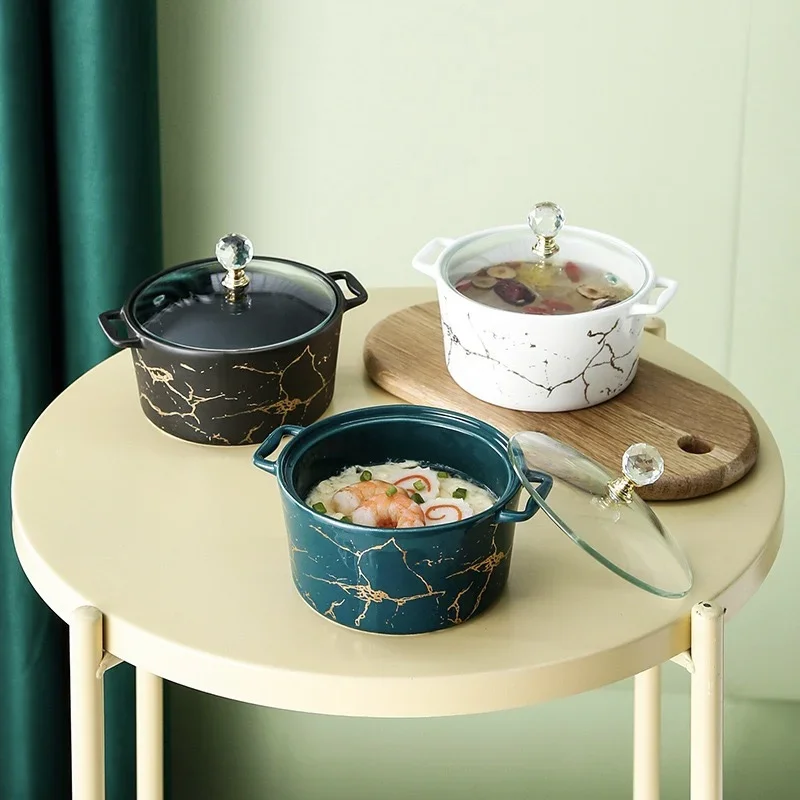 

# 2022 New Nordic Gold Grain Ceramic Small Saucepan Round Household Soup Pot Binaural With Glass Lid #