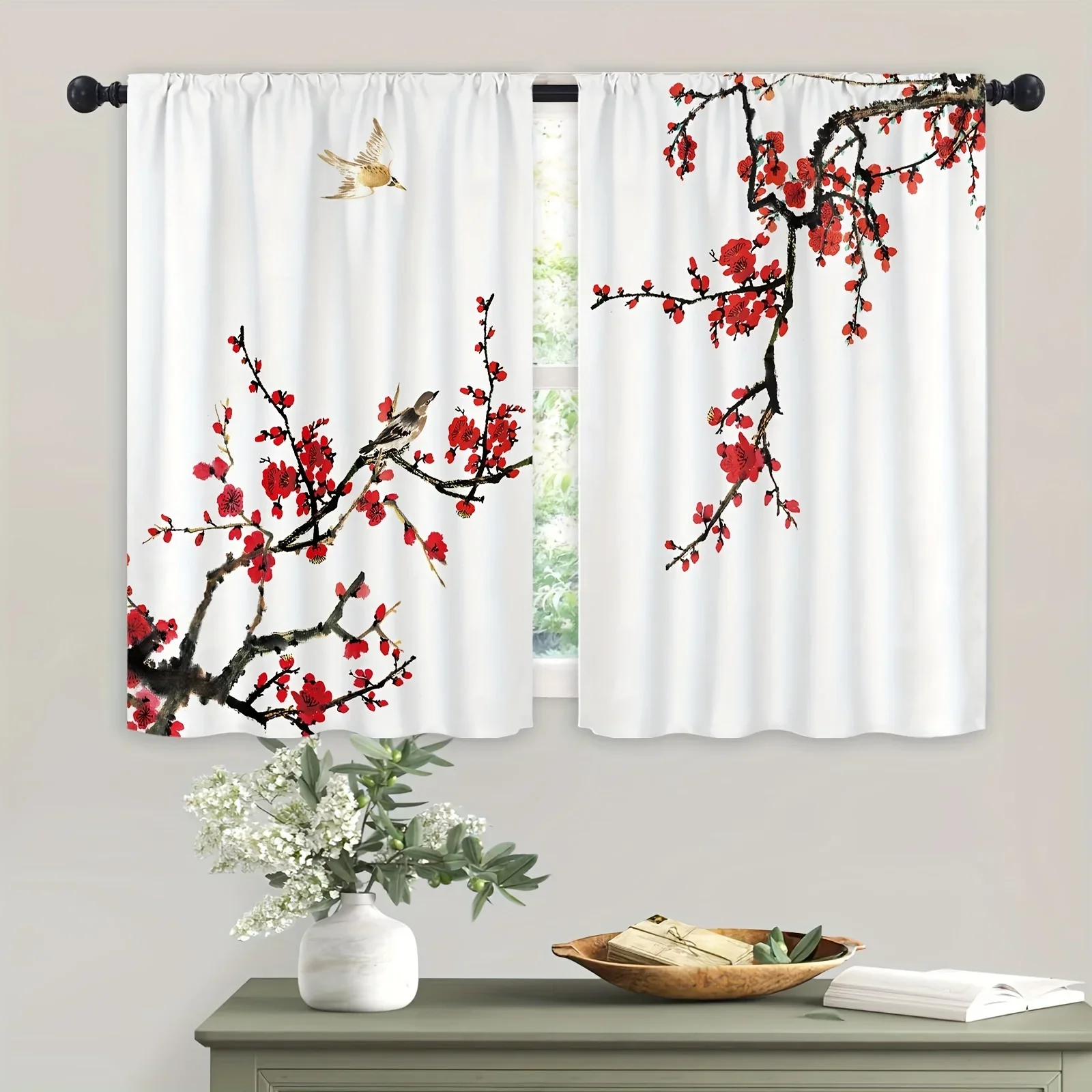 

2pcs Floral Cherry Blossom Kitchen Curtains Short Cafe Window Curtains for Bedroom Office Living Room and Study Home Decoration