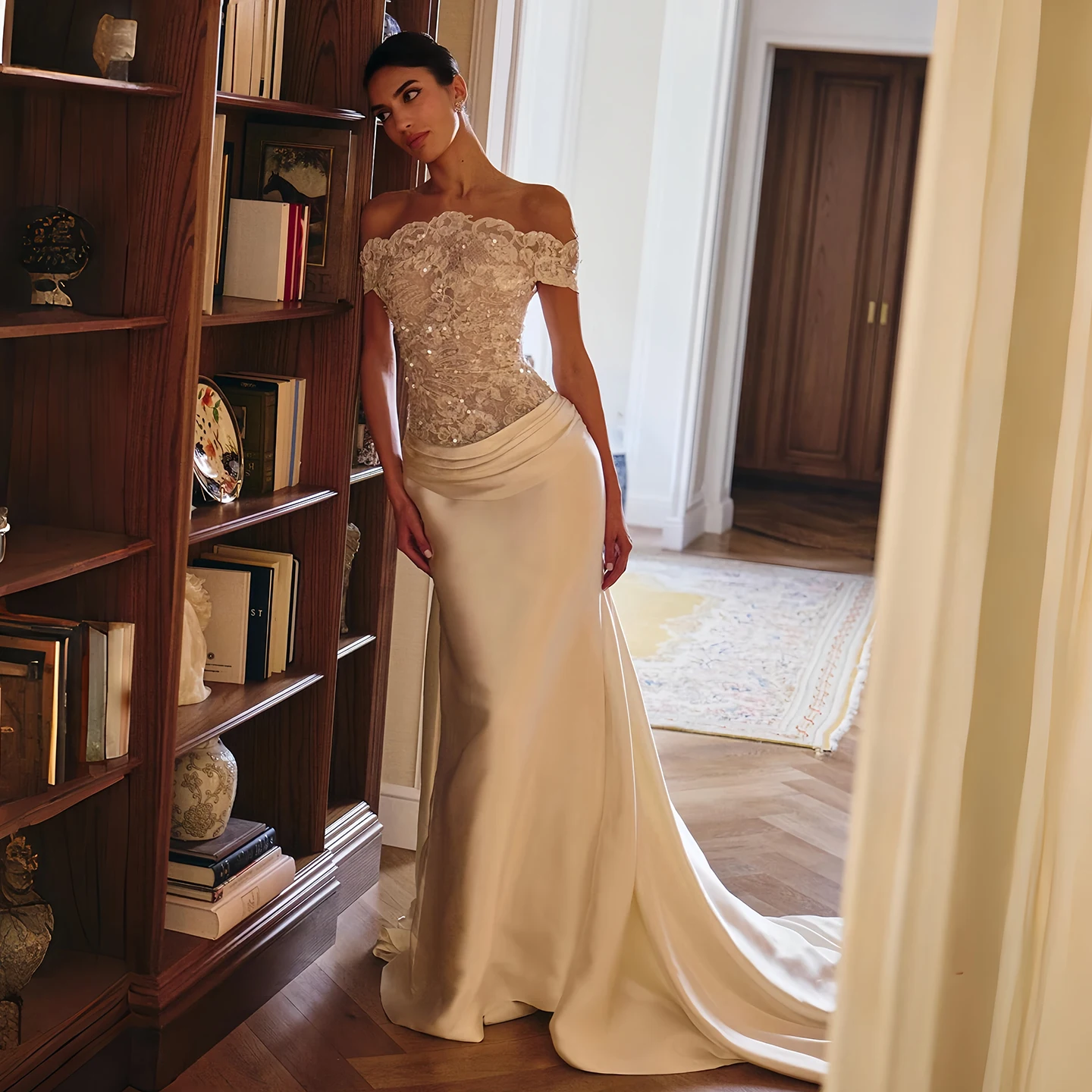 Sharon Said Luxury Mermaid Wedding Dress Beaded Lace Off Shoulder Satin Overskirt Illusion Back Bridal Gowns SW231 Customized
