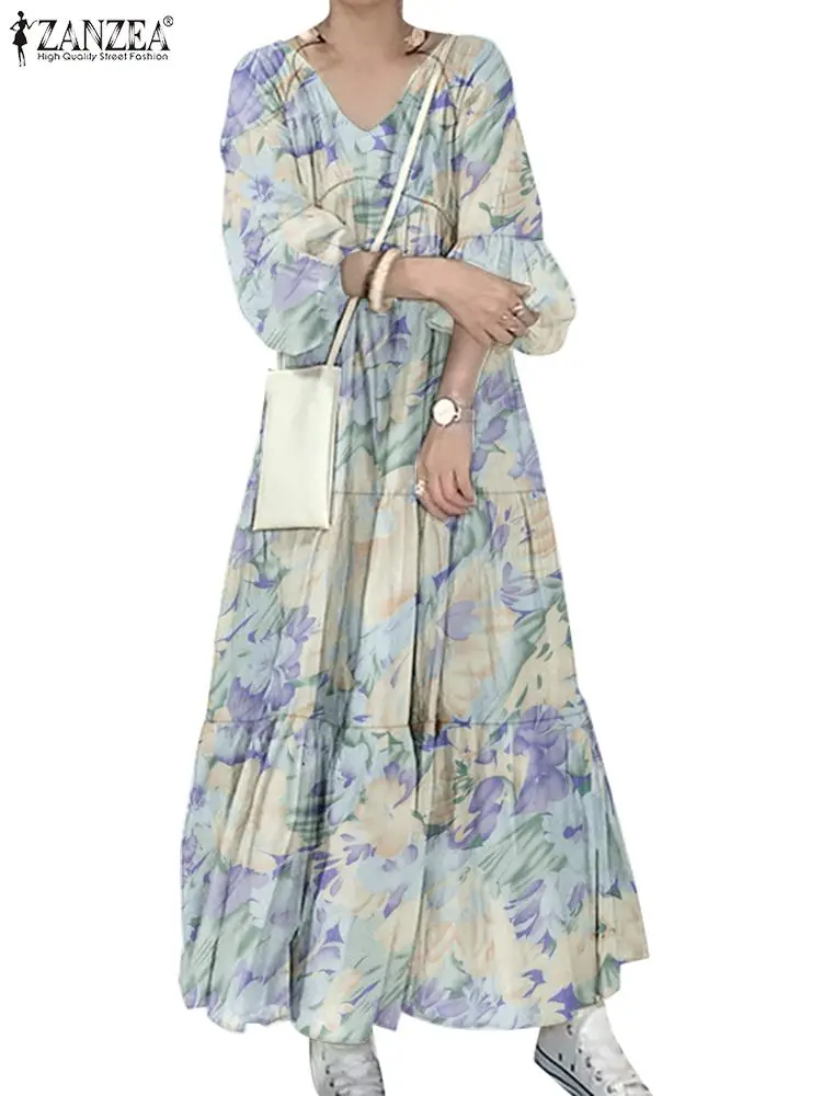 ZANZEA Floral Print V Neck Tiered Vestidos Casual Lantern Sleeve Loose Elegant Long Robes Holiday Women Autumn 2024 Midi Dress