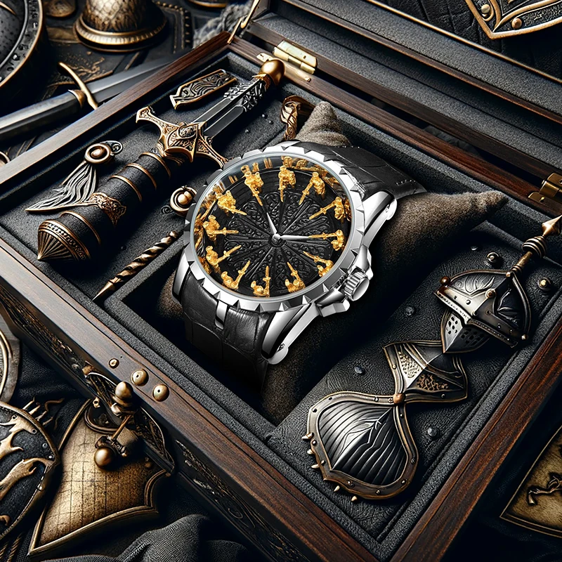 

A men's silver and black French-style business creative Twelve Knights quartz watch