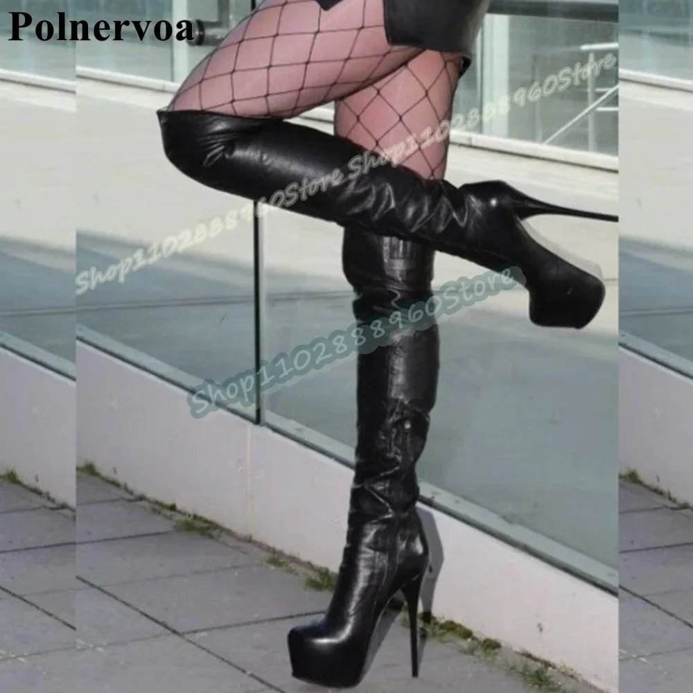 

Sexy Over The Knee Black Matte Leather Platform Boots Stilettos High Heel Shoes For Women Side Zipper Pointed Toe Stylish Boots