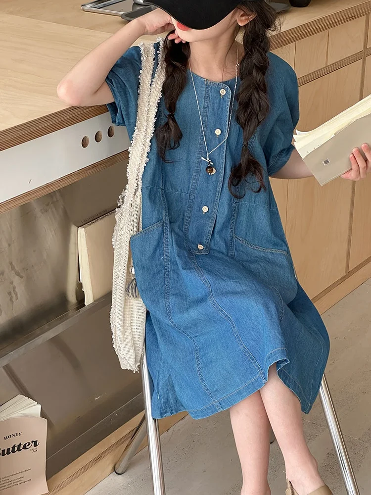 girls-summer-svel-denim-dr-set-kids-faion-a-line-skirt-cotton-polyester-blend-korean-sle-pure-color-clothing