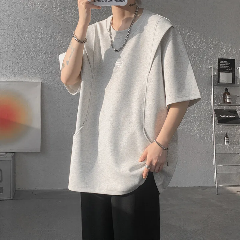 

t shirt Men Loose Fit Crew Neck T-Shirt Solid Streetwear Urban Casual Patchwork Design Trendy Hip Hop Tee man 2024 Fashion