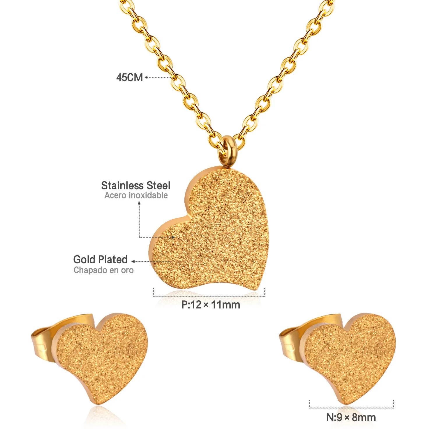 Matte Necklace & Earring Set Stainless Steel Heart Jewelry Sweet Romantic Vintage Versatile Accessories Available in Gold/Silver