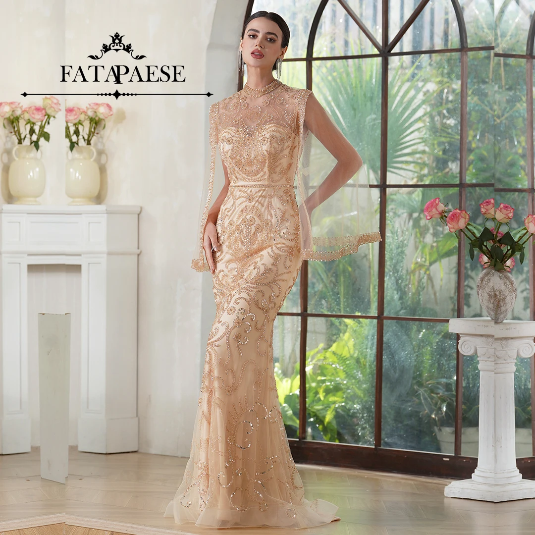 

FATAPAESE Luxury Wedding Dress with High-neckline Glitter Beading Stones Bodice Back Cap Sleeve Bride Mermaid Gown Dubai