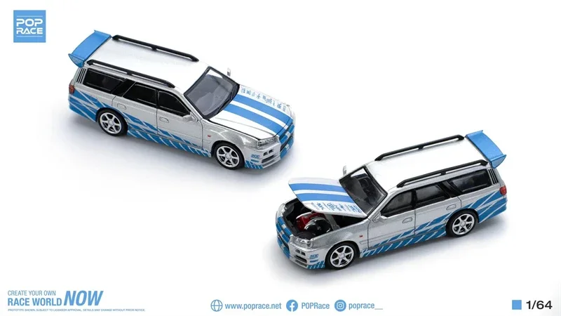 Pop Race-Modèle réduit de voiture STAGEA, véhicule moulé sous pression, couleur bleu argent, échelle 1:64