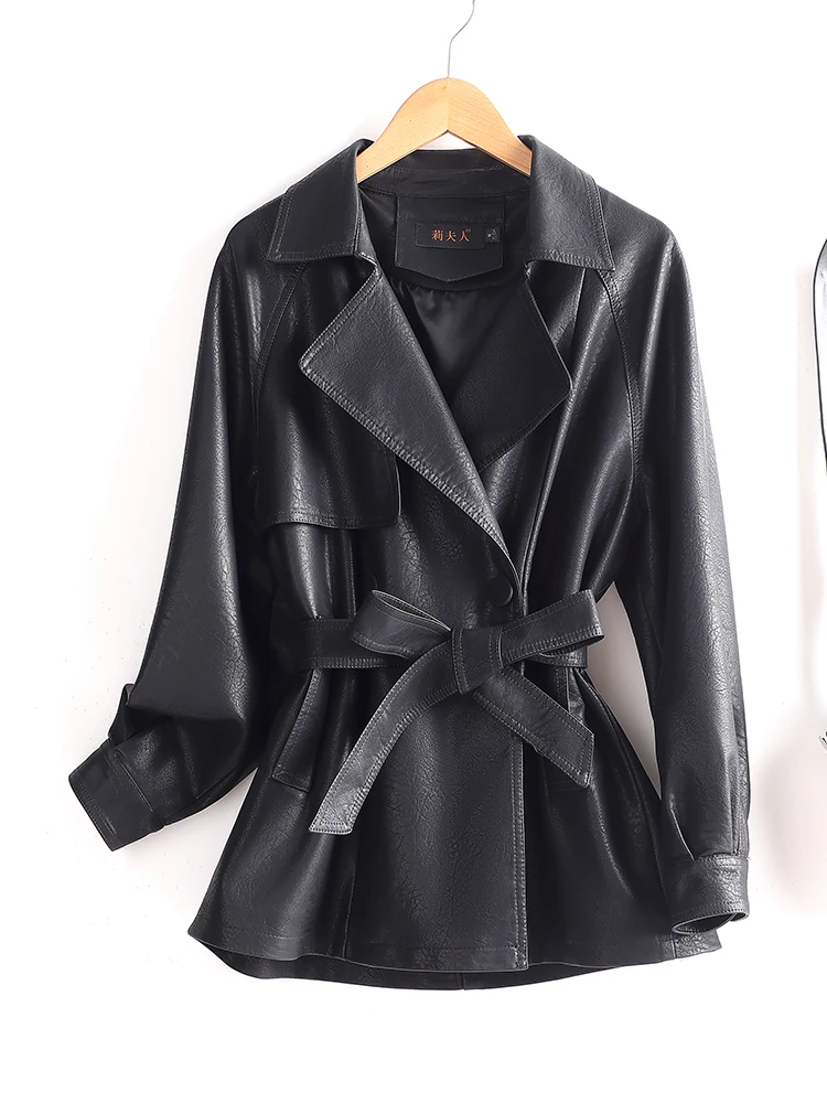 Veste coupe-vent en cuir véritable Haining pour femme, style coréen, cintrée à la taille, style britannique, ample et amincissante