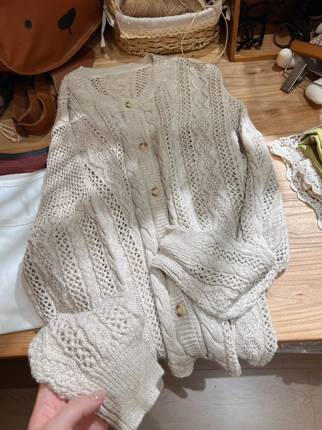 

Retro Hollow out Knitted Cotton Linen Open Cardigan Loose Artistic Japanese Sle High Quali Linen Knitted Top for Women