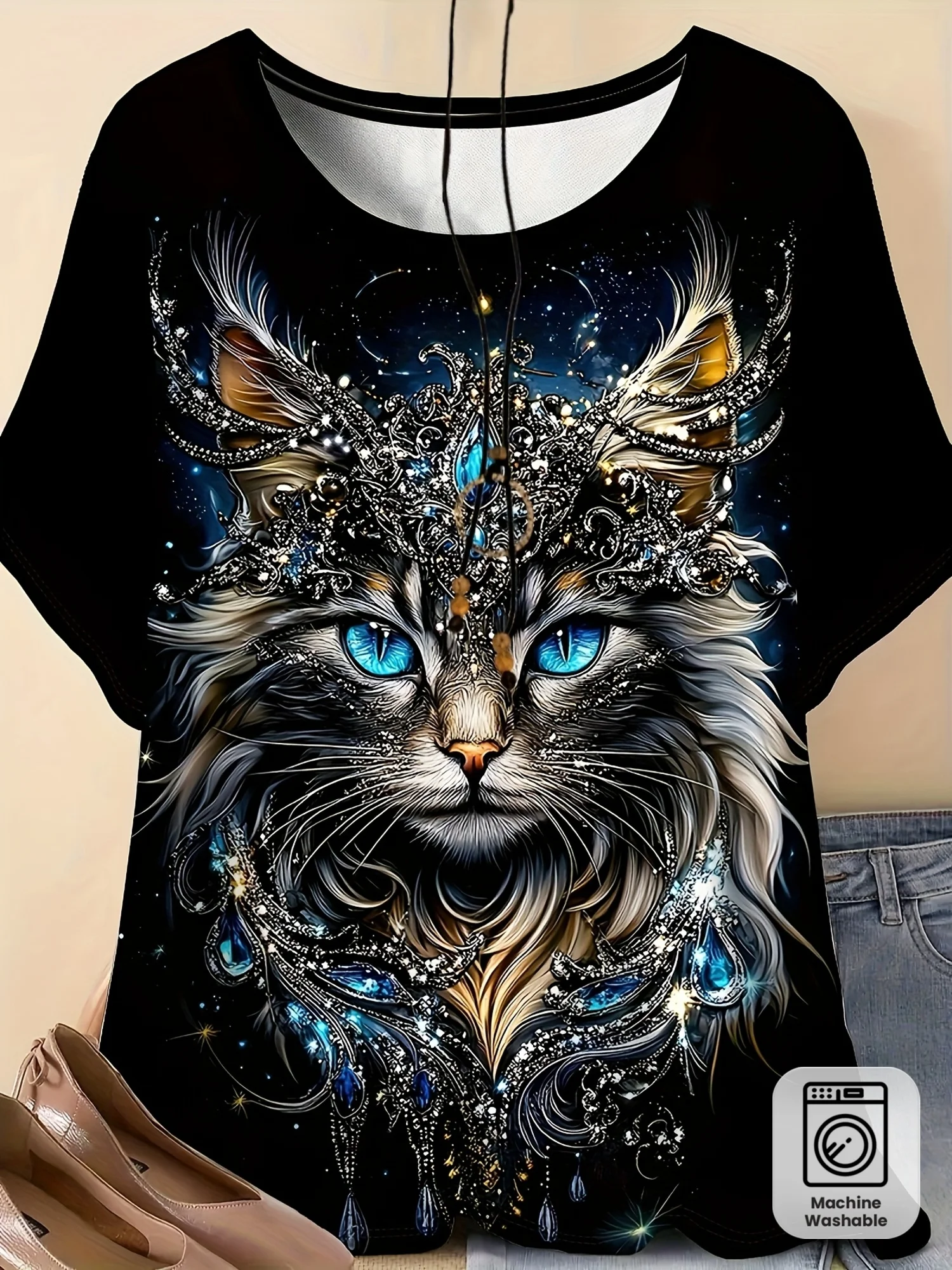 Women O‑Neck Short Sleeve T‑shirt Noble Ornate Cat With Gem Crown Starry Sky Art Print Black Casual Tops