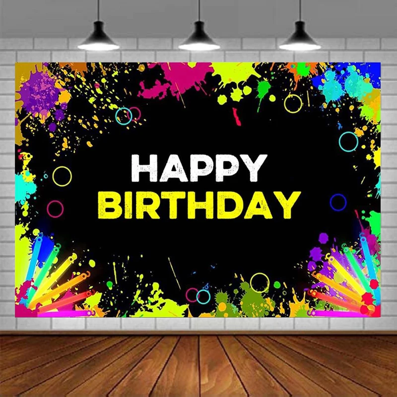 Let's Glow Neon Happy Birthday Photography Backdrop Colorful Splatter Laser Ray Retro Disco Hip Hop Birthday Photo Background
