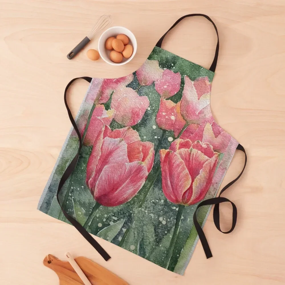 Pink tulips painted in watercolours. Apron waiter christmas 2025 Apron